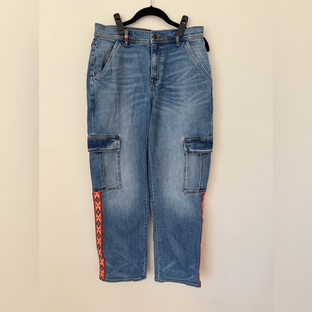 Johnny Was Blue Denim Cargo Jeans with Red Trim